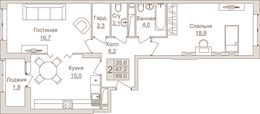 Планировка 2-комнатной квартиры, 69 м2