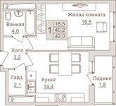 Планировка 1-комнатной квартиры, 42 м2