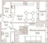 Планировка 1-комнатной квартиры, 43,3 м2