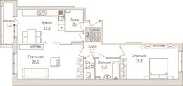 Планировка 2-комнатной квартиры, 75,3 м2