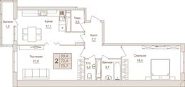 Планировка 2-комнатной квартиры, 73,7 м2