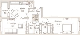 Планировка 2-комнатной квартиры, 67,9 м2