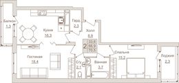 Планировка 2-комнатной квартиры, 70,5 м2