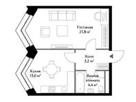 Планировка 1-комнатной квартиры, 44,4 м2