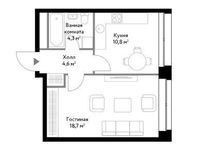 Планировка 1-комнатной квартиры, 38,4 м2
