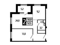 Планировка 2-комнатной квартиры, 52 м2