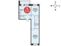Планировка 3-комнатной квартиры, 62,9 м2