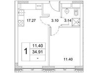 Планировка 1-комнатной квартиры, 34,91 м2