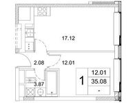 Планировка 1-комнатной квартиры, 35,08 м2