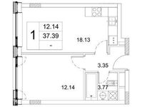 Планировка 1-комнатной квартиры, 37,39 м2