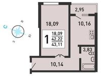Планировка 1-комнатной квартиры, 42,5 м2