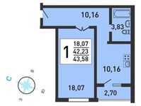 Планировка 1-комнатной квартиры, 43,4 м2
