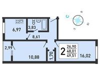 Планировка 2-комнатной квартиры, 49,6 м2