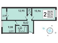 Планировка 2-комнатной квартиры, 53,7 м2
