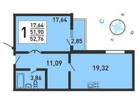 Планировка 1-комнатной квартиры, 53,8 м2