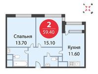 Планировка 2-комнатной квартиры, 59,4 м2