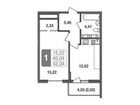 Планировка 1-комнатной квартиры, 42,04 м2