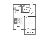 Планировка 2-комнатной квартиры, 44,75 м2