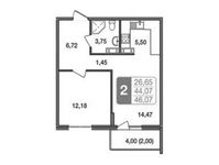 Планировка 2-комнатной квартиры, 46,07 м2