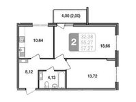 Планировка 2-комнатной квартиры, 57,27 м2
