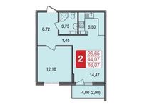 Планировка 2-комнатной квартиры, 46 м2