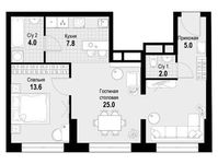 Планировка 3-комнатной квартиры, 57,4 м2