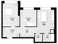 Планировка 1-комнатной квартиры, 65,3 м2