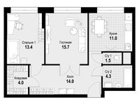 Планировка 2-комнатной квартиры, 63,9 м2