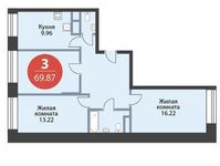 Планировка 3-комнатной квартиры, 69,87 м2