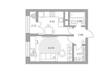 Планировка  1-комнатной квартиры, 34 м2