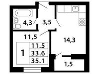 Планировка 1-комнатной квартиры, 35,07 м2