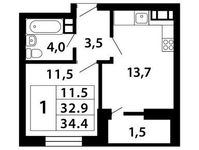 Планировка 1-комнатной квартиры, 34,15 м2