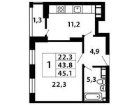 Планировка 1-комнатной квартиры, 45,12 м2