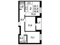 Планировка 2-комнатной квартиры, 54,39 м2