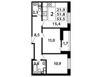 Планировка 2-комнатной квартиры, 53,52 м2