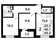 Планировка 2-комнатной квартиры, 49,59 м2