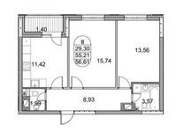 Планировка 2-комнатной квартиры, 56,61 м2