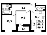 Планировка 2-комнатной квартиры, 49,64 м2