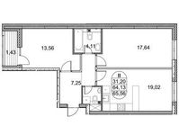 Планировка 2-комнатной квартиры, 65,56 м2