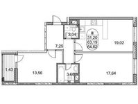 Планировка 2-комнатной квартиры, 64,62 м2