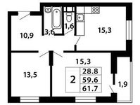 Планировка 2-комнатной квартиры, 61,93 м2