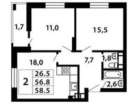 Планировка 2-комнатной квартиры, 58,79 м2