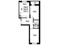 Планировка 2-комнатной квартиры, 62,89 м2