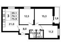 Планировка 3-комнатной квартиры, 75,91 м2