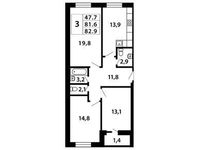 Планировка 3-комнатной квартиры, 82,96 м2