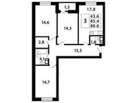 Планировка 3-комнатной квартиры, 86,54 м2