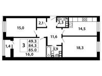 Планировка 3-комнатной квартиры, 84,97 м2