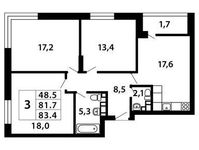 Планировка 3-комнатной квартиры, 83,34 м2