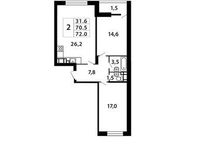 Планировка 2-комнатной квартиры, 72,3 м2