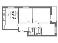 Планировка 3-комнатной квартиры, 75 м2